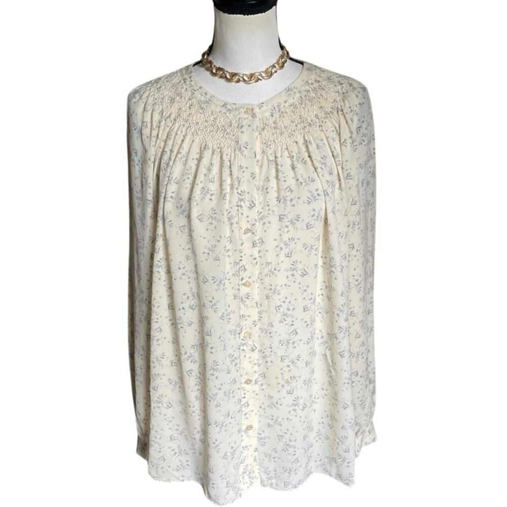 Vince Silk Buttercream & Gray Floral Long-Sleeve Blouse Top M 6 8 Pintucking - Picture 2 of 16
